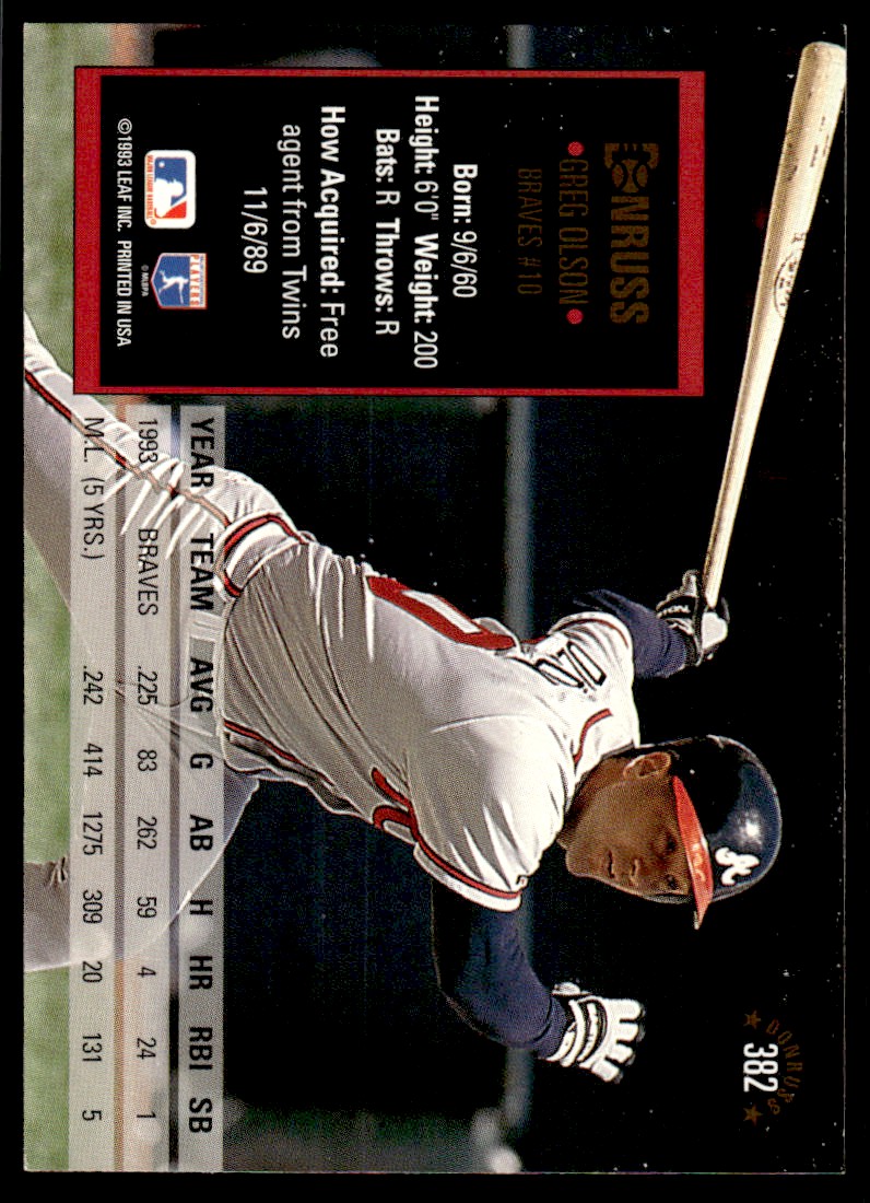 1994 Donruss Baseball Card Greg Olson p Atlanta Braves #382 | eBay