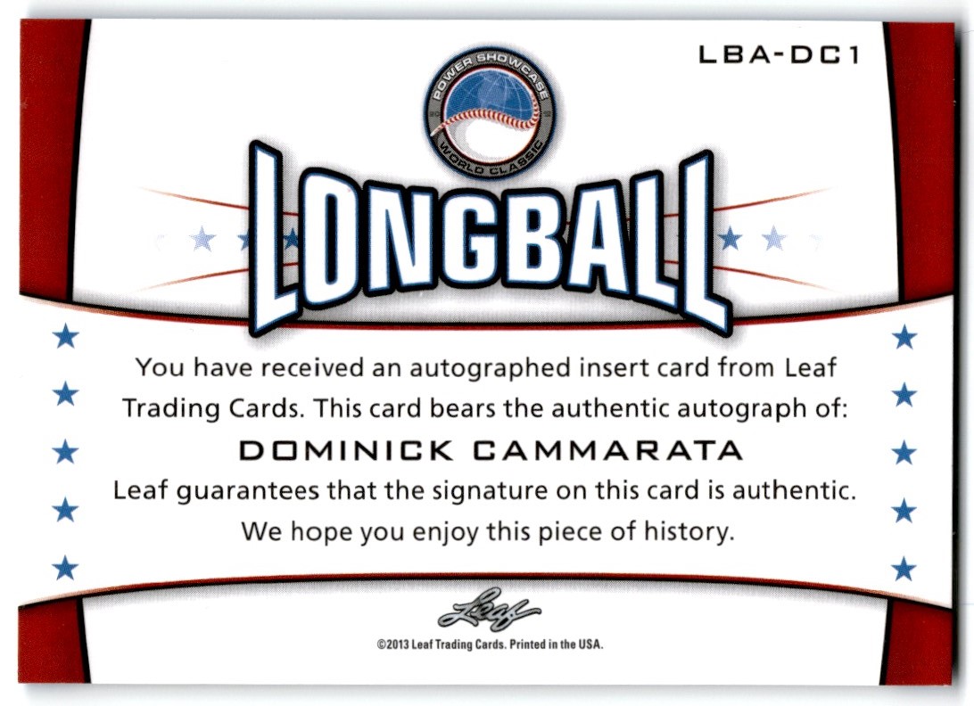 2013 Leaf Power Showcase Longball Autograph Dominick Cammarata #LBA-DC1 card back image