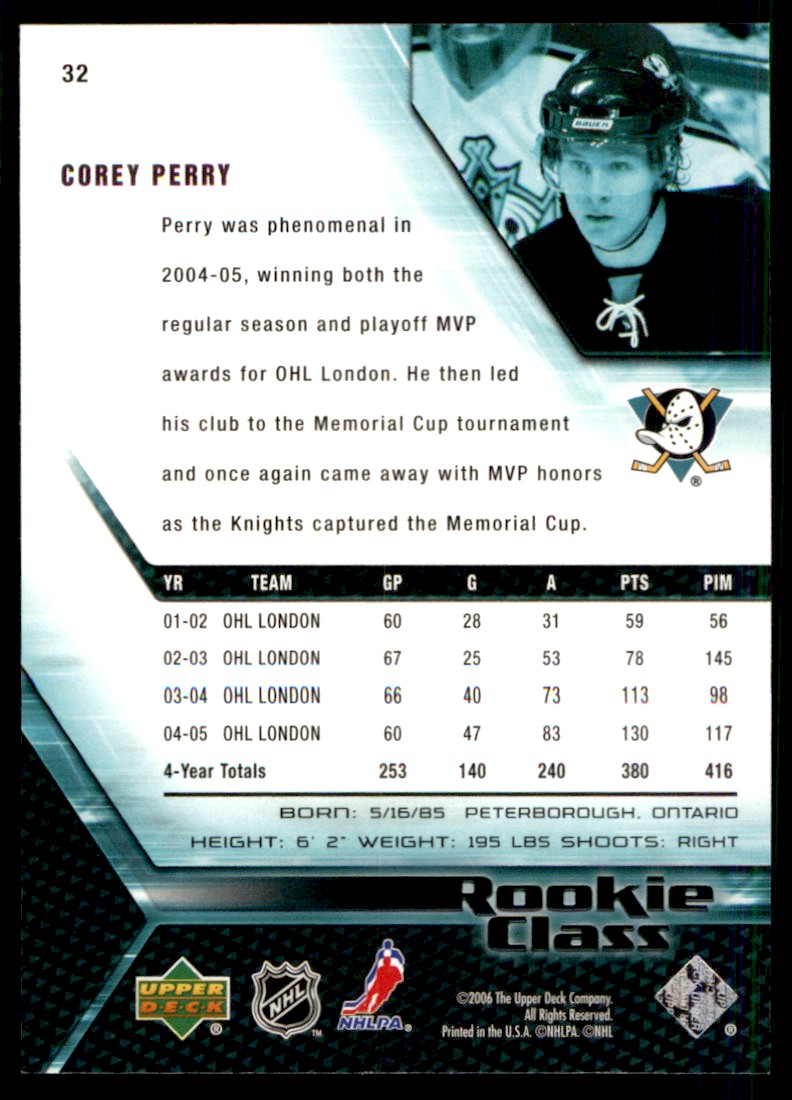 2005-06 Upper Deck Rookie Class Box Set Corey Perry #32 card back image
