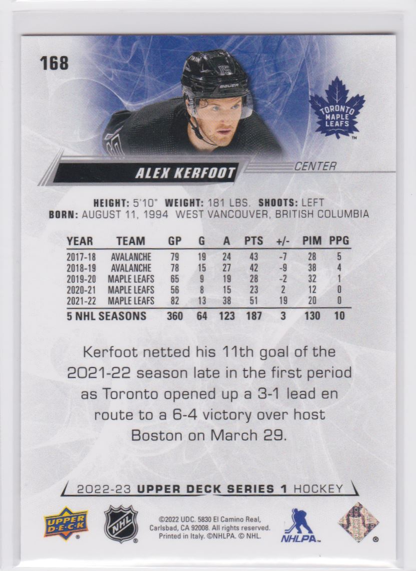 2022-23 Upper Deck Alex Kerfoot #168 card back image