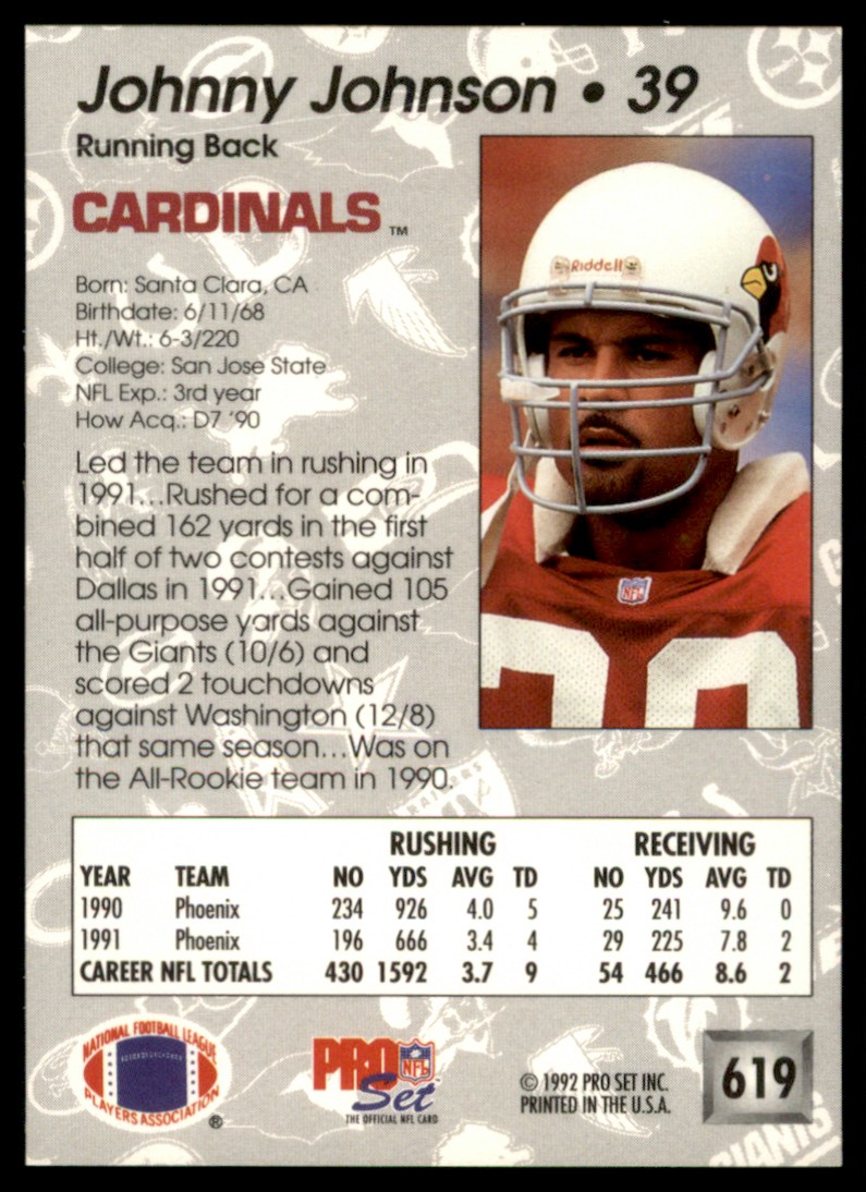 1992 Pro Set Johnny Johnson #619 card back image
