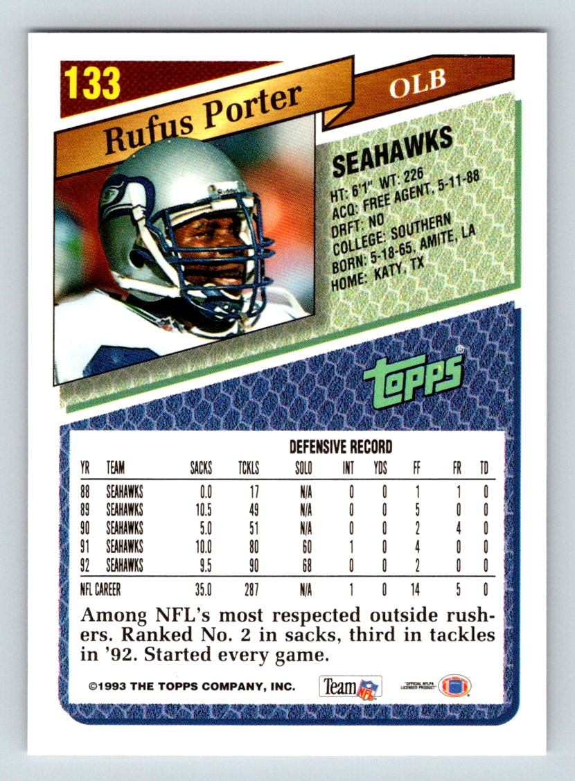 1993 Topps Rufus Porter #133 card back image
