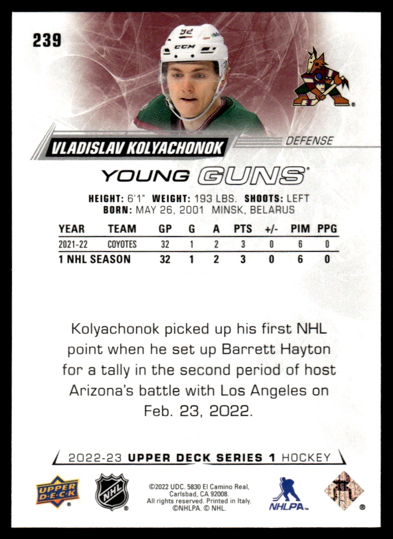 2022-23 Upper Deck Young Guns Vladislav Kolyachonok #239 card back image
