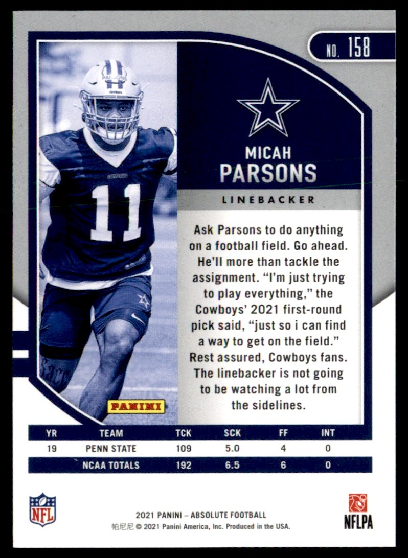 2021 Panini Absolute Micah Parsons #158 card back image