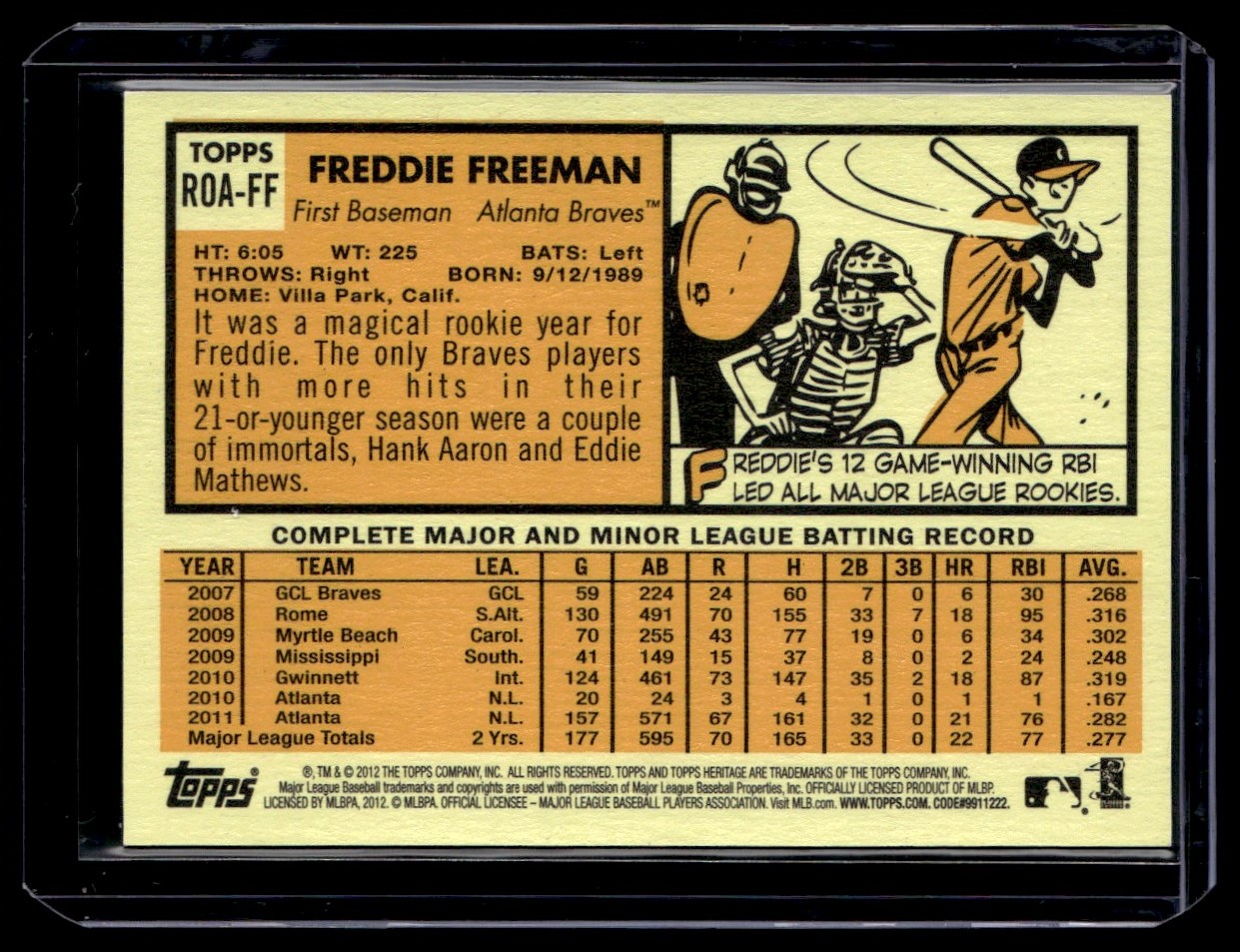 2012 Topps Heritage Real One Auto Freddie Freeman #ROA-FF card back image