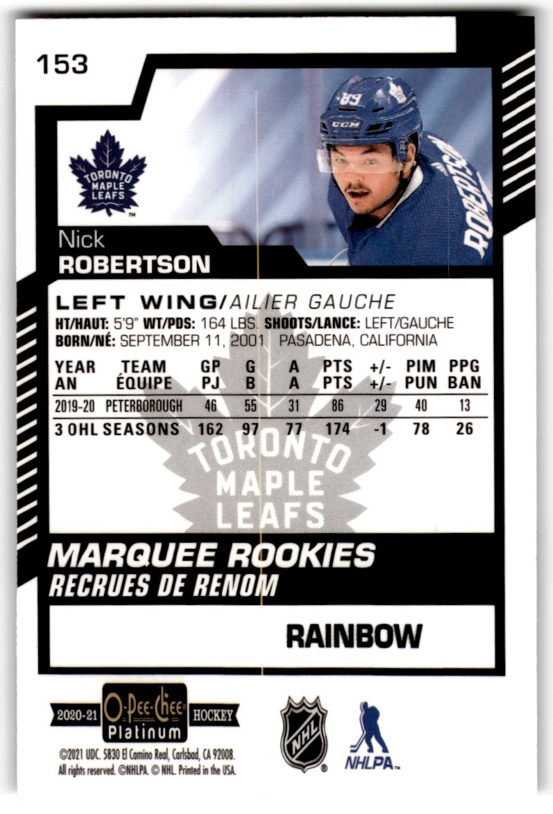 2020-21 O-Pee-Chee Platinum Rainbow Nick Robertson #153 card back image