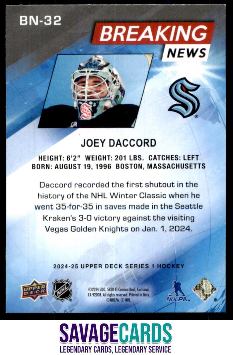 2024-25 Upper Deck Breaking News Joey Daccord #BN-32 Seattle