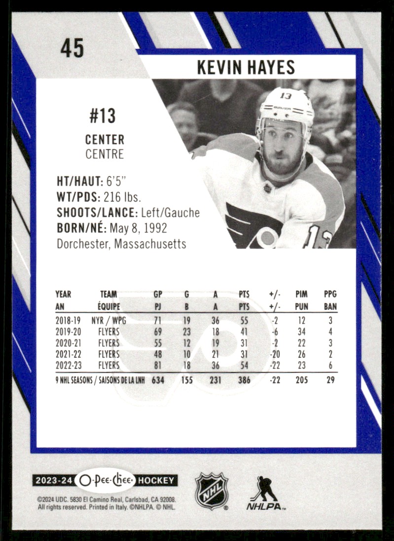 2023-24 O-Pee-Chee Blue Border Kevin Hayes #45 card back image