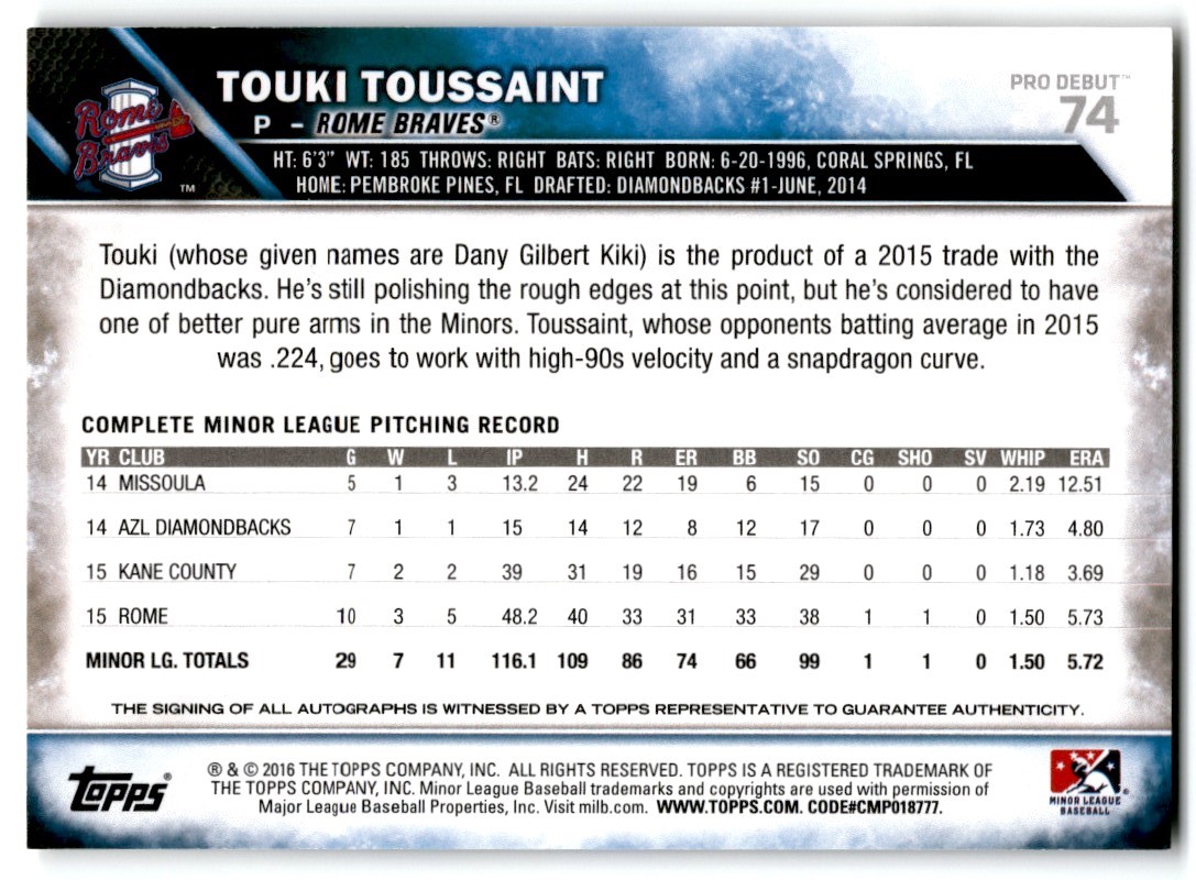 2016 Topps Pro Debut Autographs Touki Toussaint #74 card back image