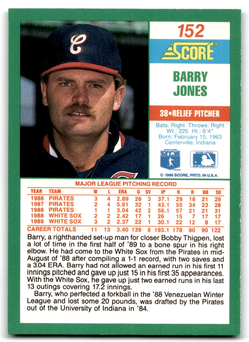  1990 Score Baseball #152 Barry Jones Chicago White Sox