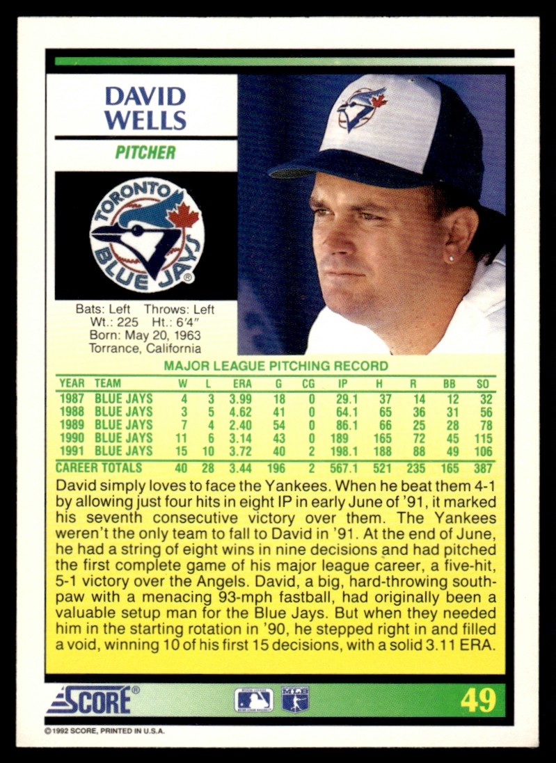 1992 Score #49 David Wells Toronto Blue Jays | eBay