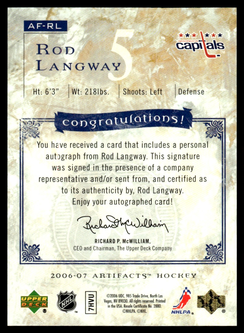 2006-07 Upper Deck Artifacts Auto-Facts Rod Langway #AF-RL card back image