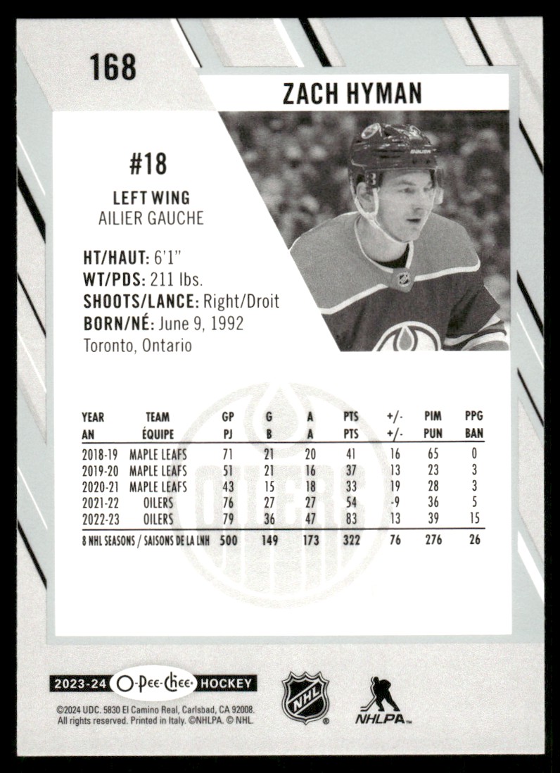 2023-24 O-Pee-Chee Zach Hyman #168 card back image