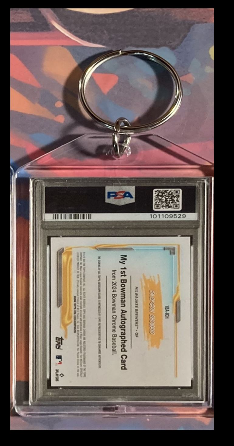 2025 -MME- delete Jackson Chourio 2024 Bowman Chrome Orange Auto - Custom Keychain - Gift #0231 card back image