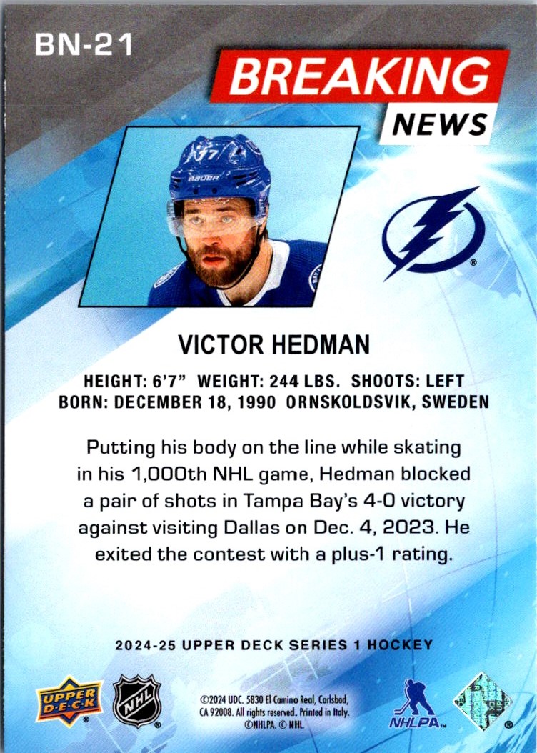 2024-25 Upper Deck Breaking News Victor Hedman #BN-21 card back image