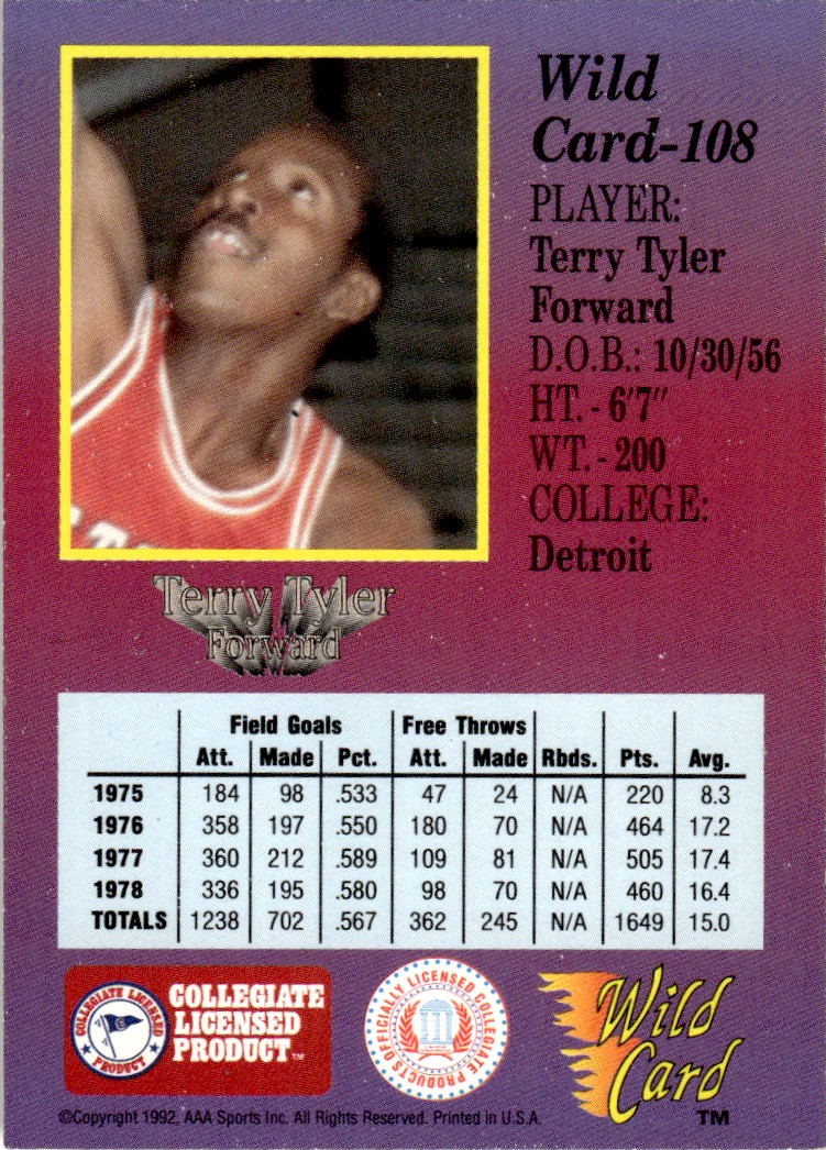 1991-92 Wild Card Terry Tyler #108 card back image