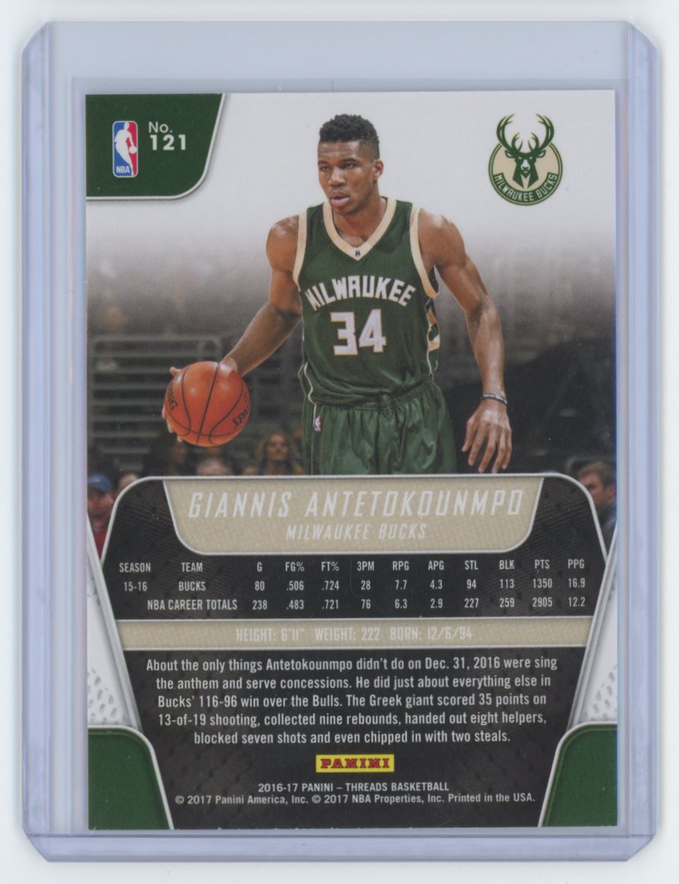 2016-17 Panini Threads Giannis Antetokounmpo Basketball Card #121