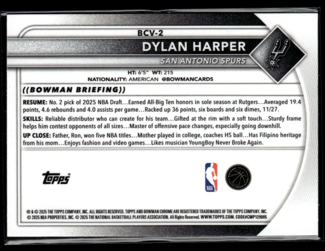 2025-26 Bowman Chrome Base Dylan Harper RC San Antonio Spurs #BCV