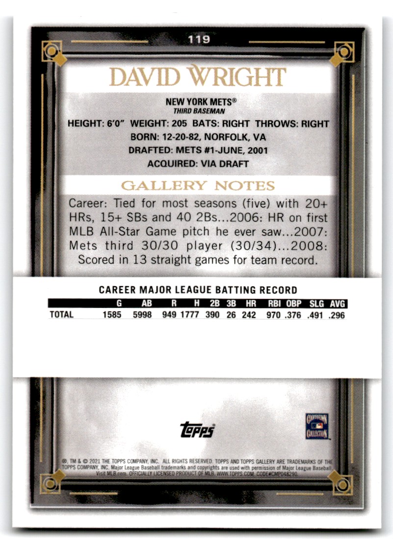2021 Topps Gallery Rainbow Foil David Wright #119 card back image