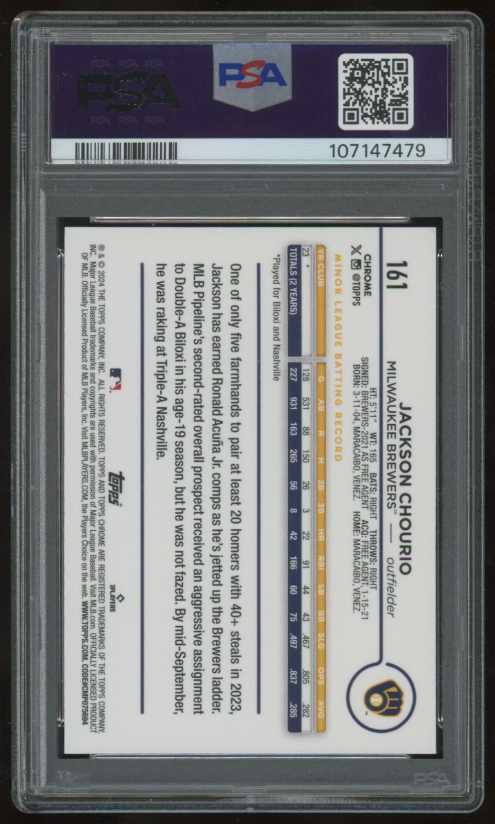 JACKSON CHOURIO 2024 TOPPS CHROME PURPLE REFRACTOR #161 /250 RC