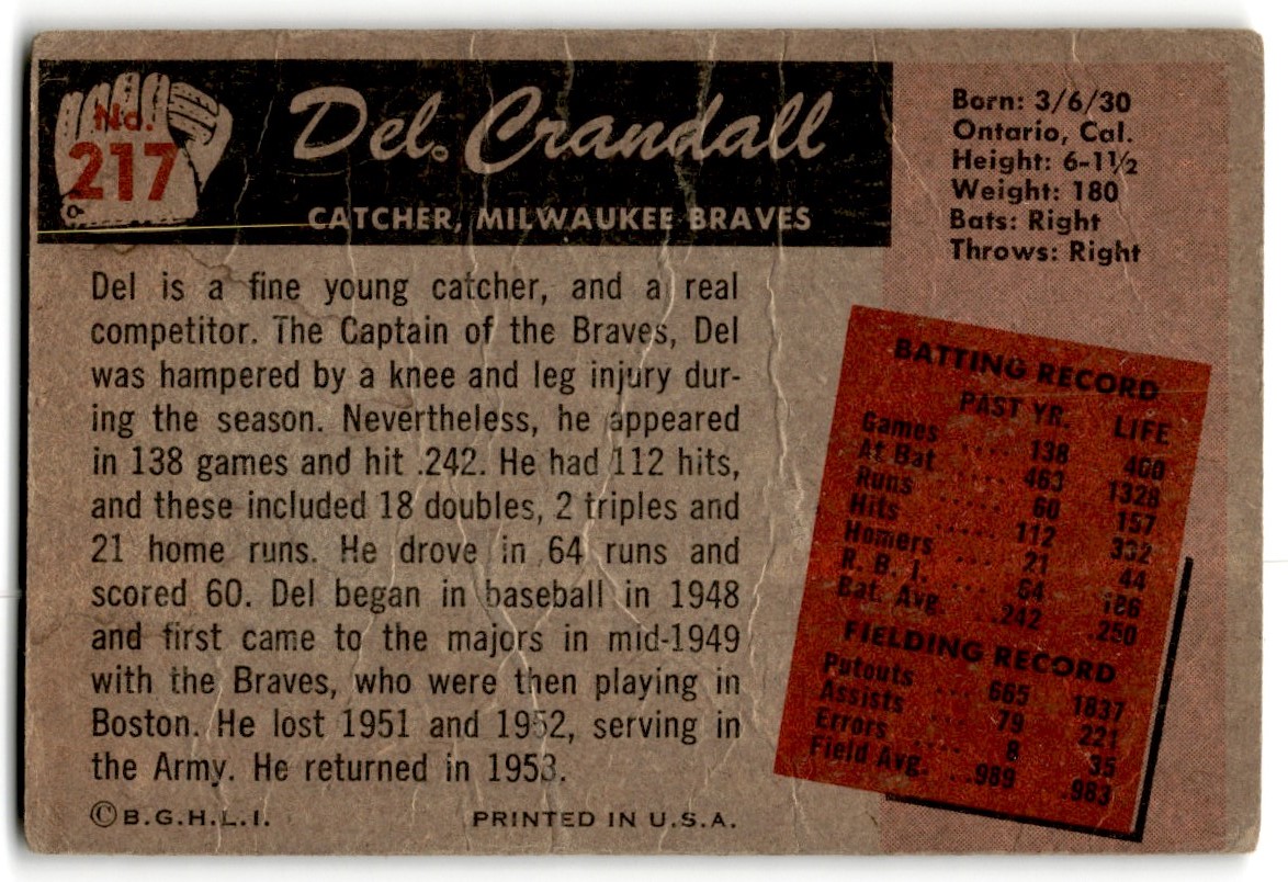 1955 Bowman Del Crandall #217 card back image