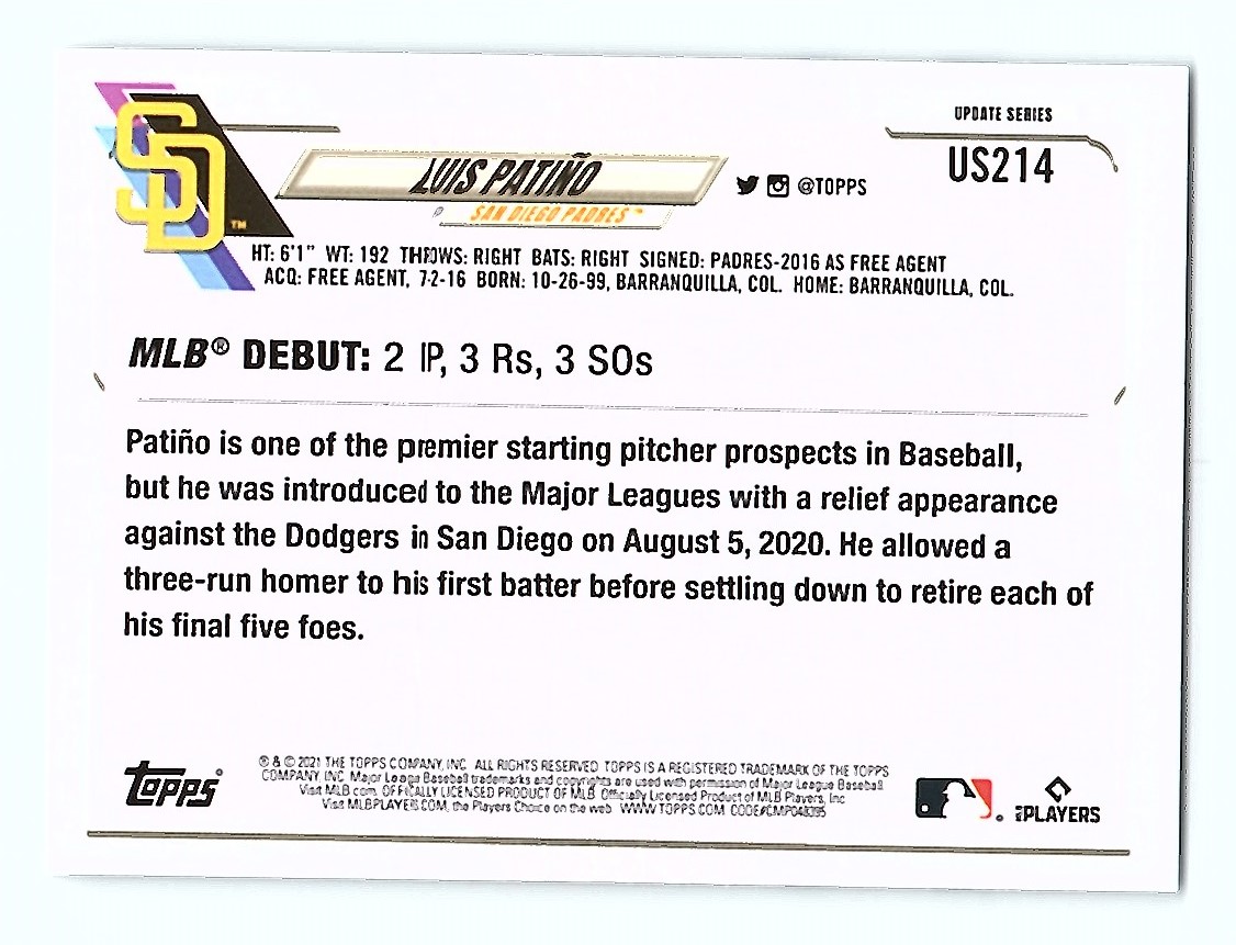 2021 Topps Update Luis Patino #US214 card back image