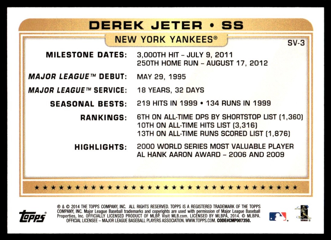 2014 Topps Super Veteran Baseball Derek Jeter New York Yankees #SV