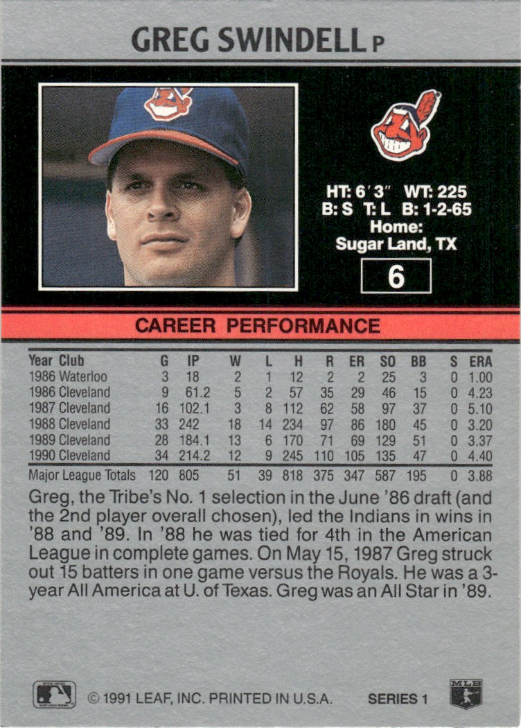 1991 Leaf Major League MLB Baseball Greg Swindell #6 card back image