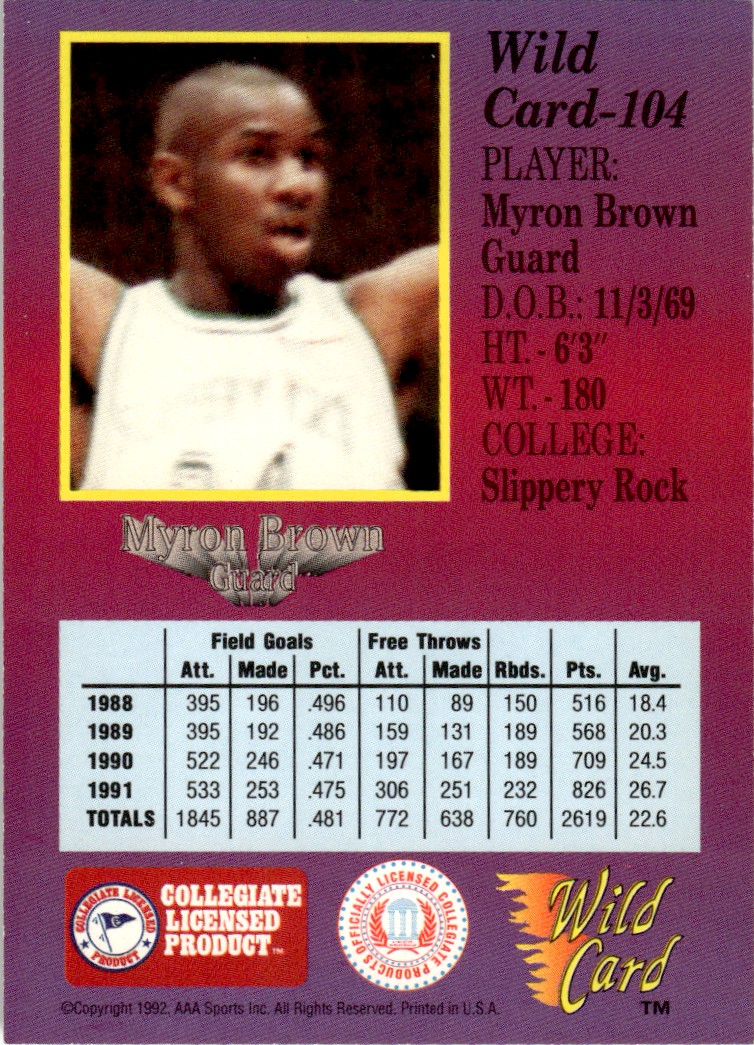 1991-92 Wild Card Myron Brown #104 card back image
