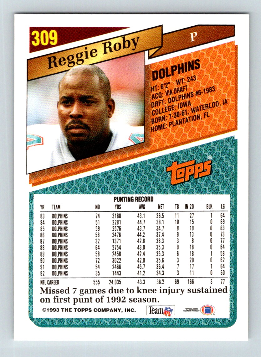 1993 Topps Reggie Roby #309 card back image