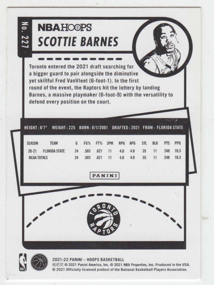 2021-22 Hoops Scottie Barnes #227 card back image