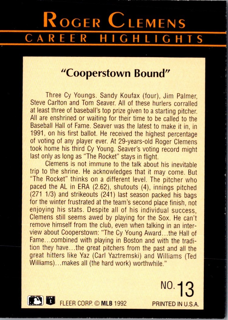 1992 Fleer Roger Clemens Roger Clemens #13 card back image