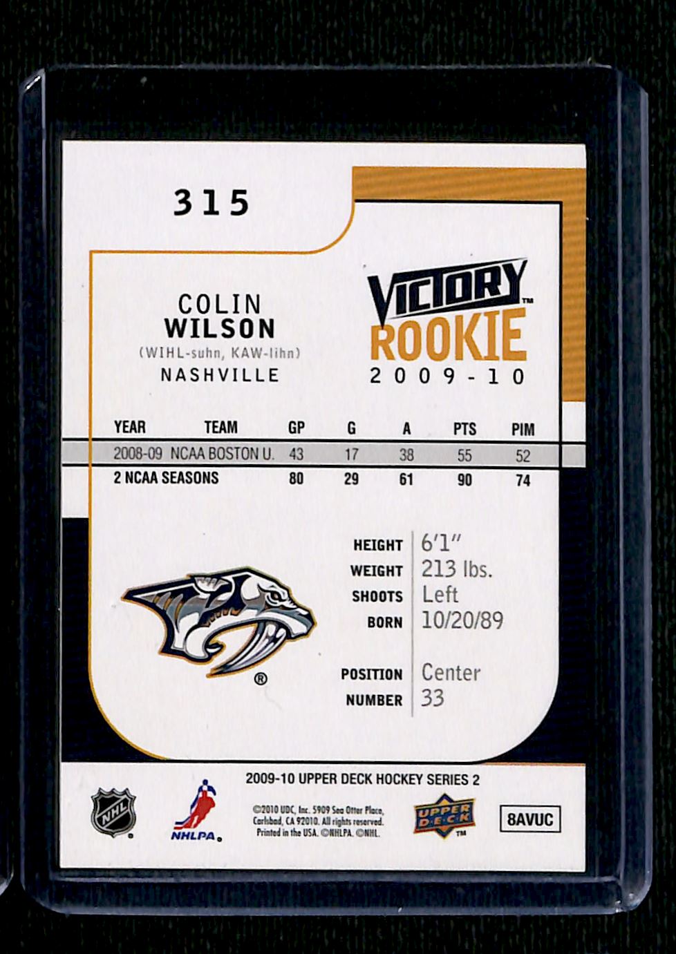 2009-10 Upper Deck Victory Rookie Colin Wilson RC #315 card back image