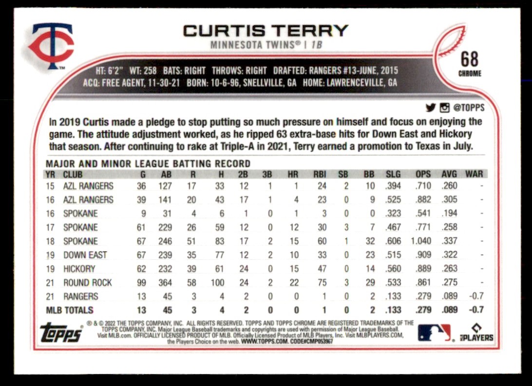 Curtis Terry 2022 Topps Chrome Rookie Sepia Refractor Card RC #68