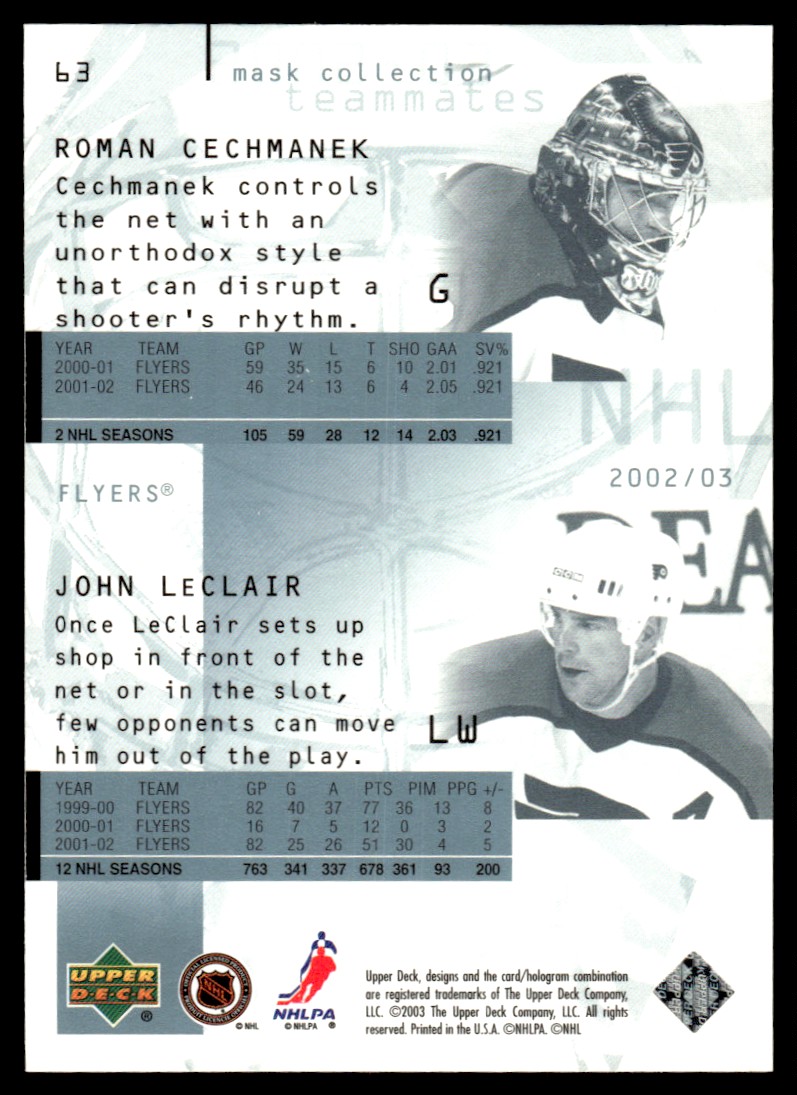 2002-03 Upper Deck Mask Collection John LeClair/Roman Cechmanek #63 card back image