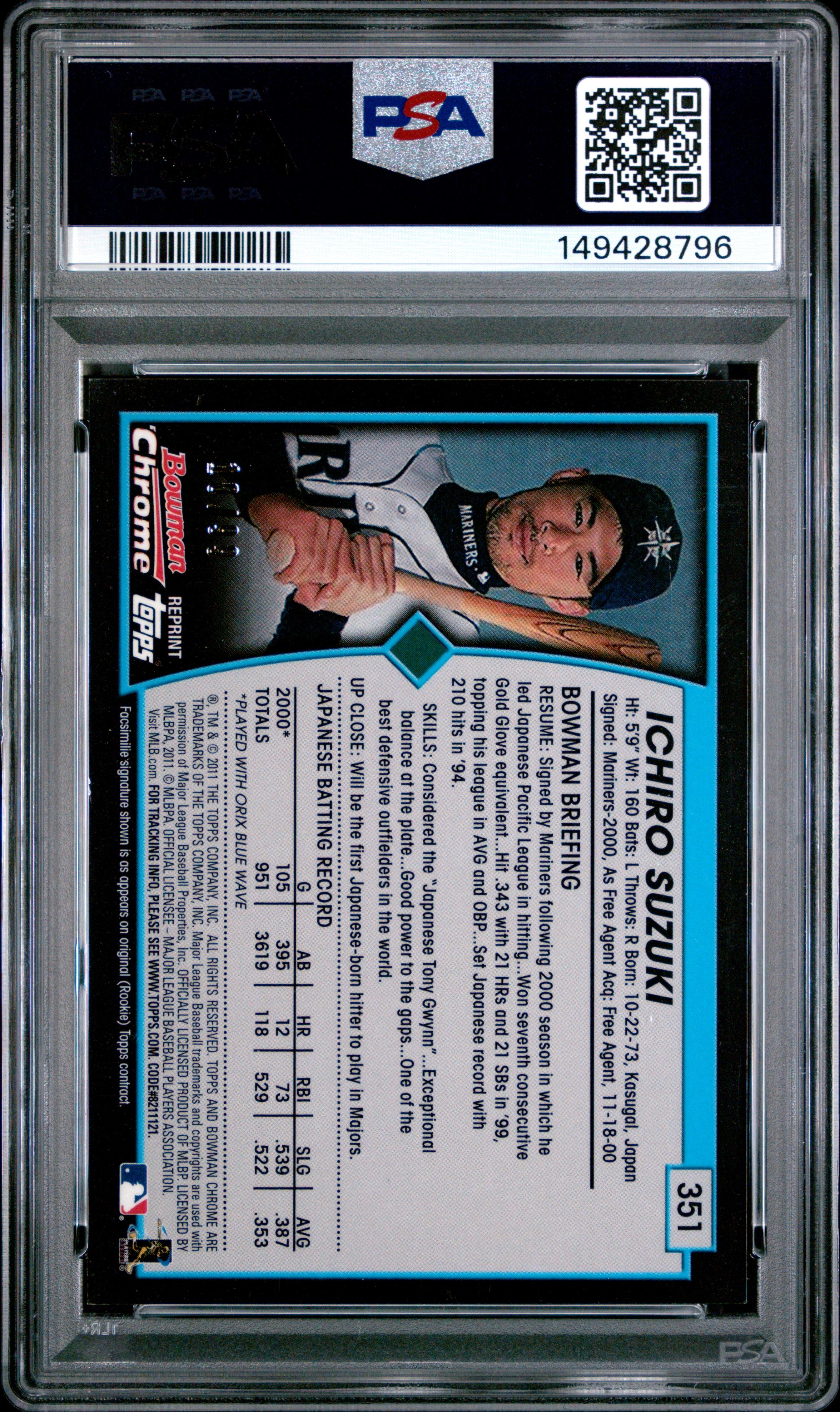 Ichiro Suzuki 2011 Bowman Chrome Throwback Refractor /99 PSA 9