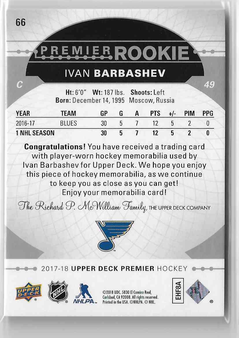 2017-18 Upper Deck Premier Jersey Ivan Barbashev #66 card back image