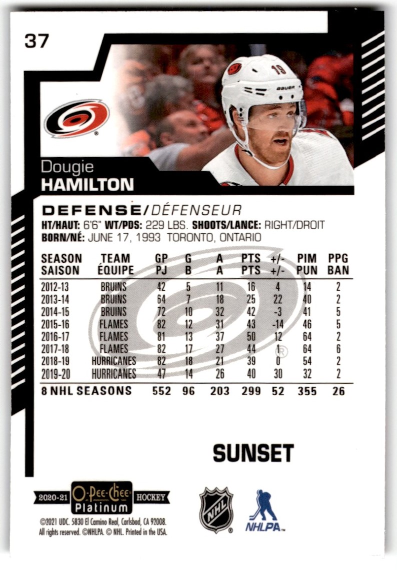 2020-21 O-Pee-Chee Platinum Sunset Dougie Hamilton #37 card back image