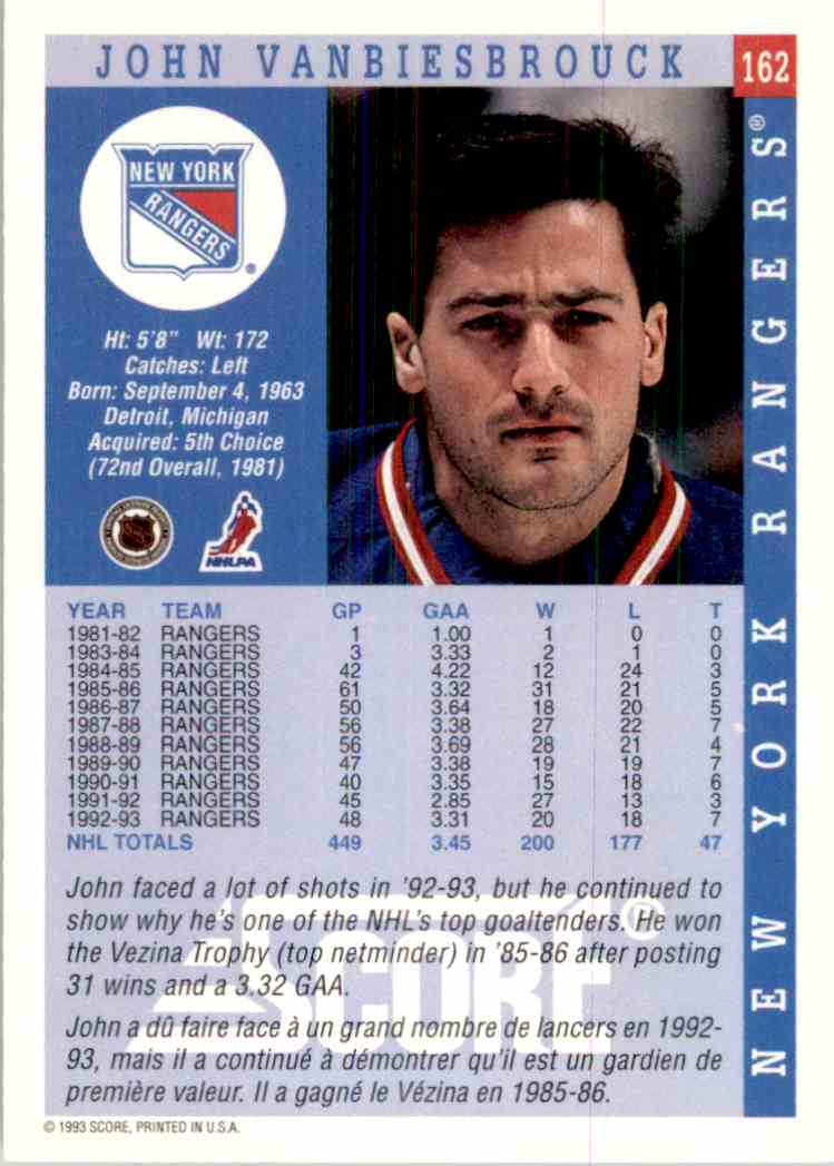 1993-94 Score Bilingual John Vanbiesbrouck #162 card back image