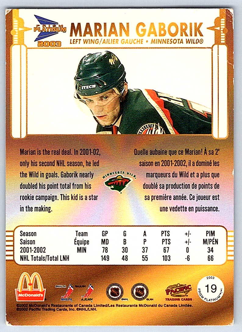 2002-03 Pacific McDonald's Marian Gaborik #19 card back image