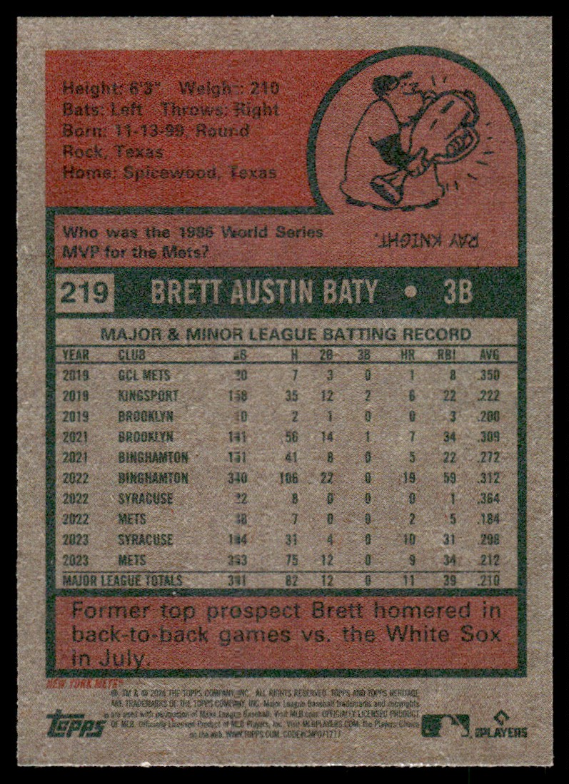 2024 Topps Heritage Base Brett Baty 219 on Kronozio