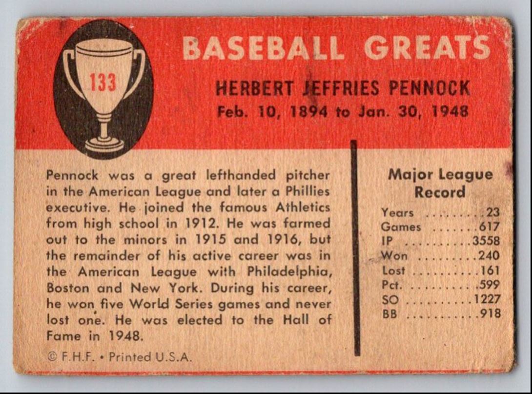 1961 Fleer Baseball Greats Base Herb Pennock #133 card back image