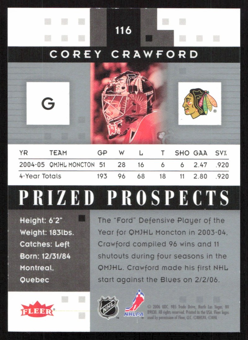 2005-06 Fleer Hot Prospects Corey Crawford #116 card back image