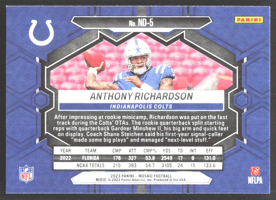 2023 Panini Mosaic NFL Debut Anthony Richardson #ND-5 card back image