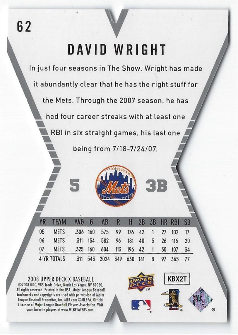 2008 Upper Deck X David Wright #62 card back image