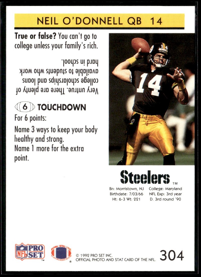 1992 Pro Set Neil O'Donnell Pittsburgh Steelers #304 | eBay