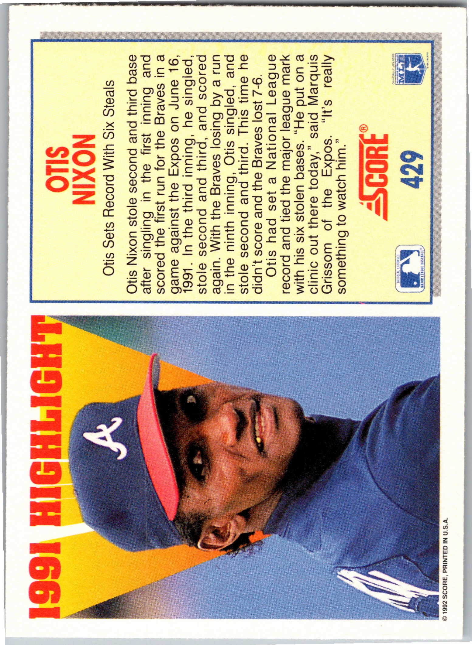 1992 Score Otis Nixon #429 card back image