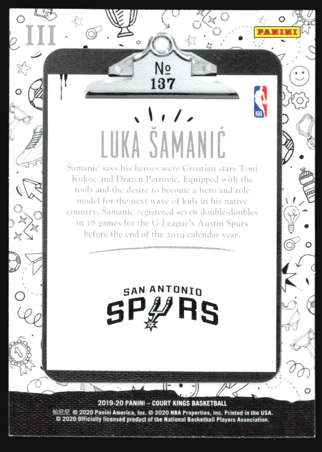 2019-20 Panini Court Kings Luka Samanic Level III SSP #137 card back image