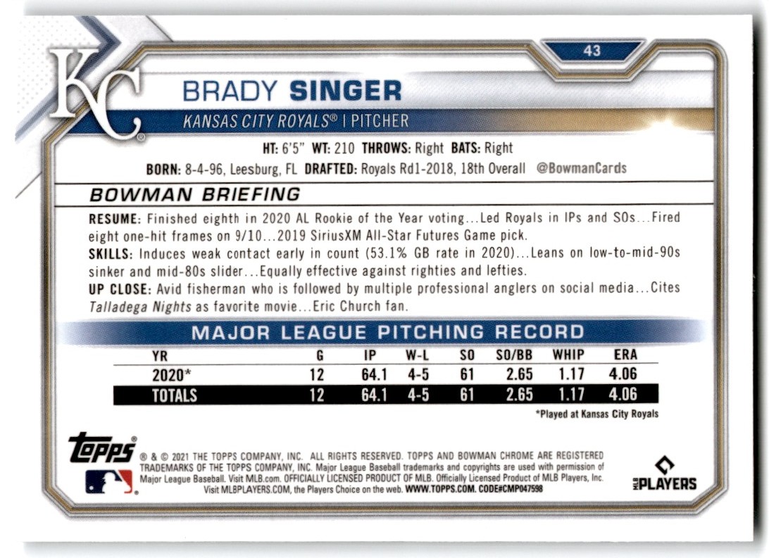 2021 Bowman Chrome Brady Singer #43 card back image