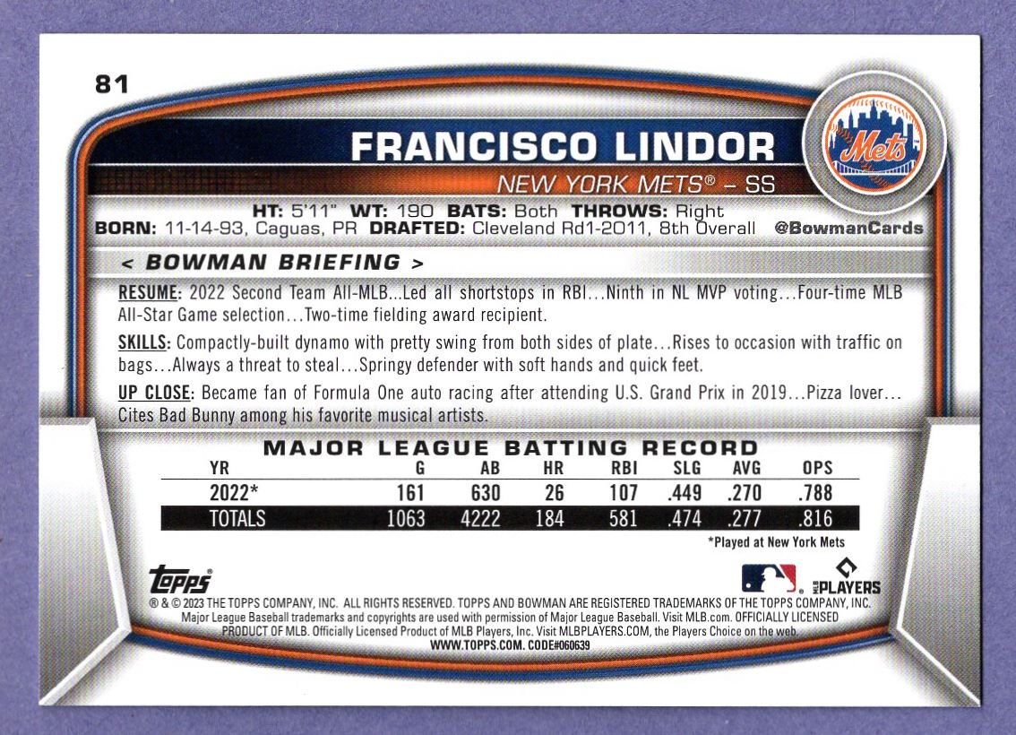 2023 Bowman Francisco Lindor #81 card back image